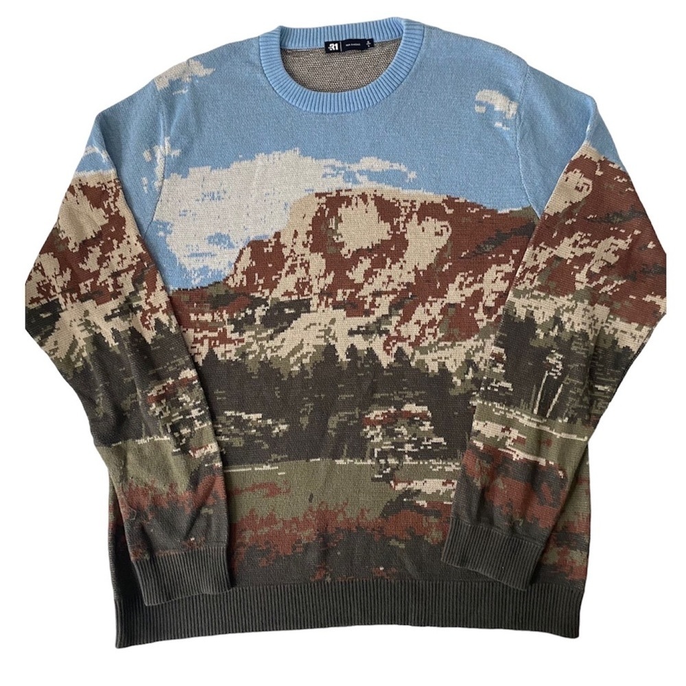 LE 31 PAR SIMONS Women's Graphic Blue/Brown/Green Long Sleeve Sweater in Large